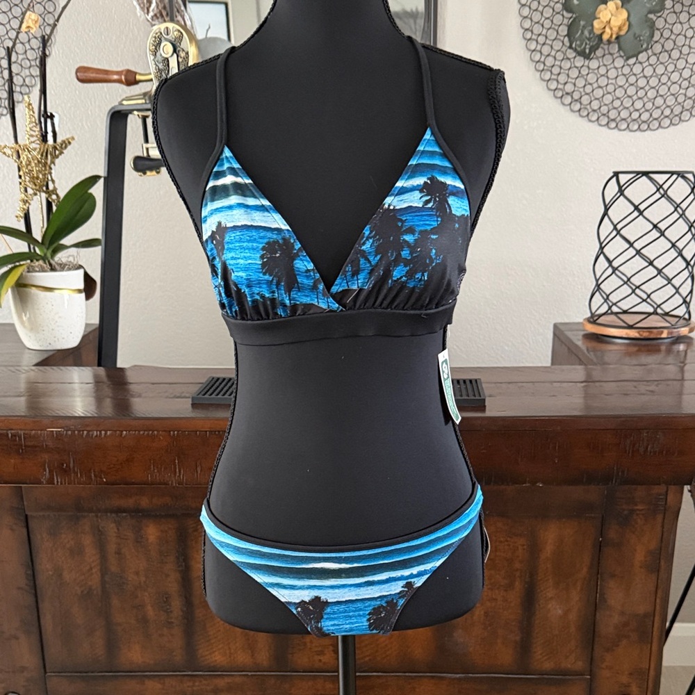Aaron Chang Blue and Black Palm Bikini
